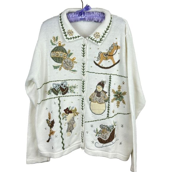 B P Design Cotton Ramie Neutral Embroidered Christmas Sweater Size Large - Picture 1 of 14